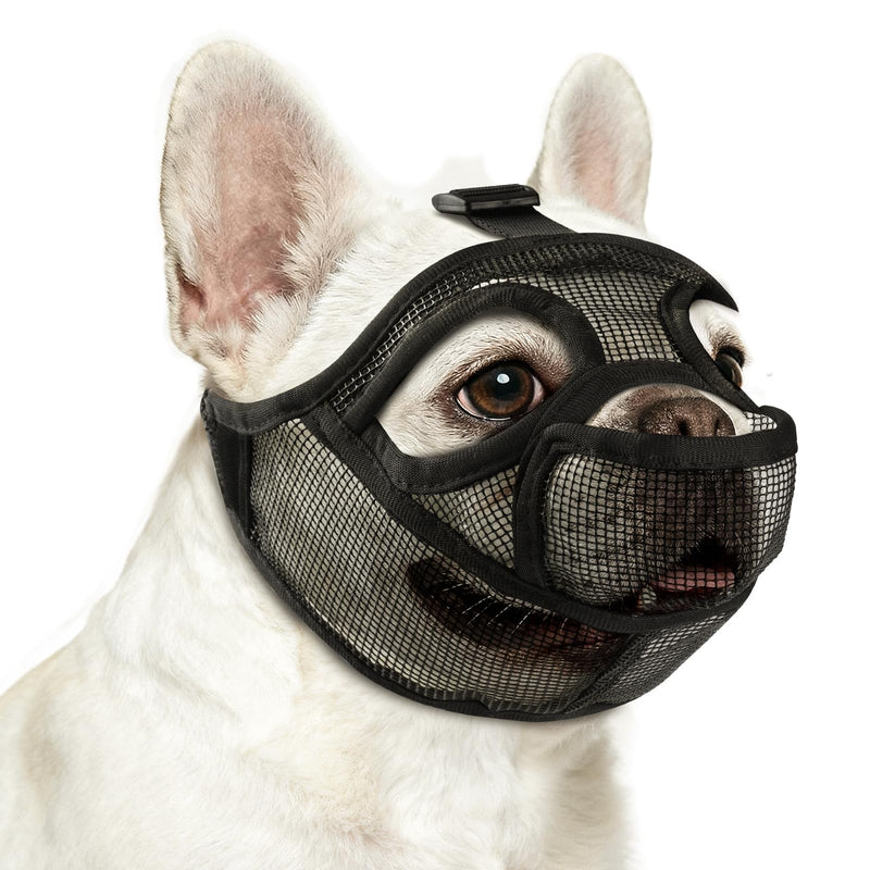 French Bulldog Muzzle, Soft Mesh Short Snout Muzzle with Mouth Opening & Enlarged Eye Holes, Allows Panting, Drinking & Feeding, Prevents Biting for Shih Tzu Pug English Bulldog(M,Black) M Black - PawsPlanet Australia