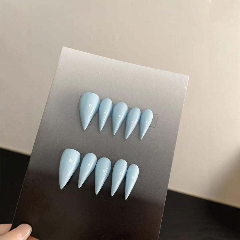 Press on Nails Medium Blue Stiletto Eagle Claw Reusable ABS Material Curved Handmade Fake Nails Dragon Claw Solid Colour Design Luxury Cat Claw Nude Glossy Thick Acrylic Glue on Nail(M) Handmade Almond 38