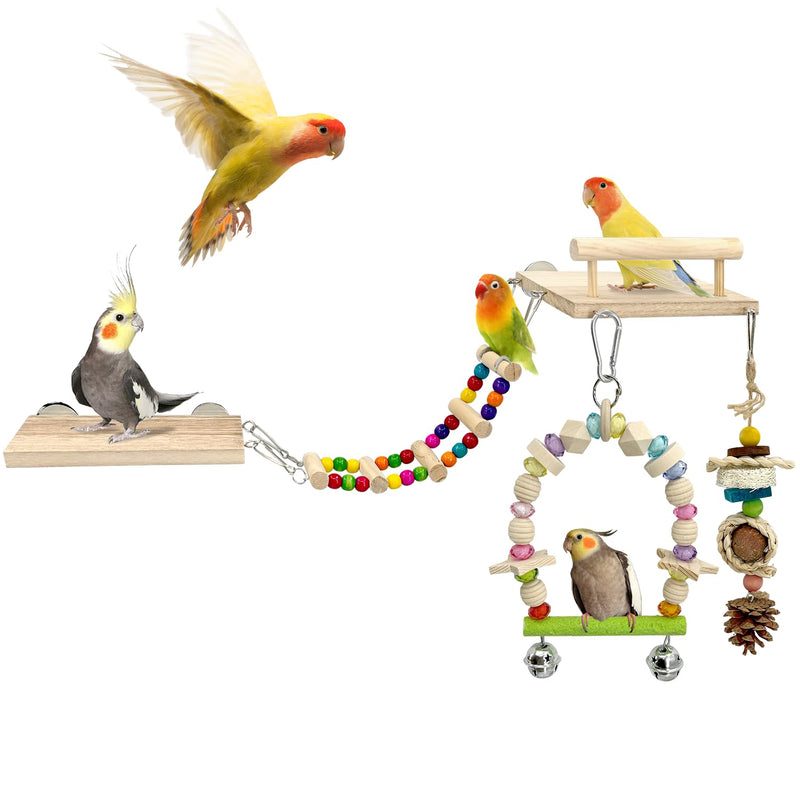 5-in-1 Parakeet Toys Set: Detachable Bird Playground with Wooden Perch, Swing, Ladder, & Platform Cage Accessories for Cockatiel, Conure, Lovebird, Budgie, Finch - PawsPlanet Australia