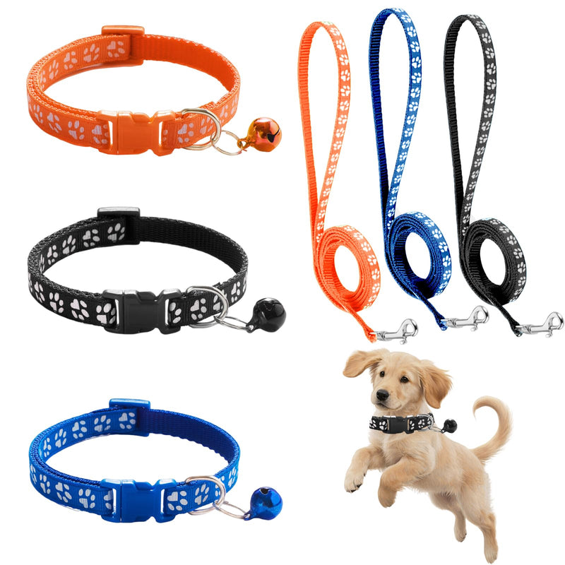 Dog Collar and Leash Set 3Pcs Puppy Collar and Leash Paw Print Whelping ID Collars Buckle Soft Nylon Litter Adjustable Pet Collar for Puppy Small Dogs Walking Training (Black Orange Blue) Black Orange Blue