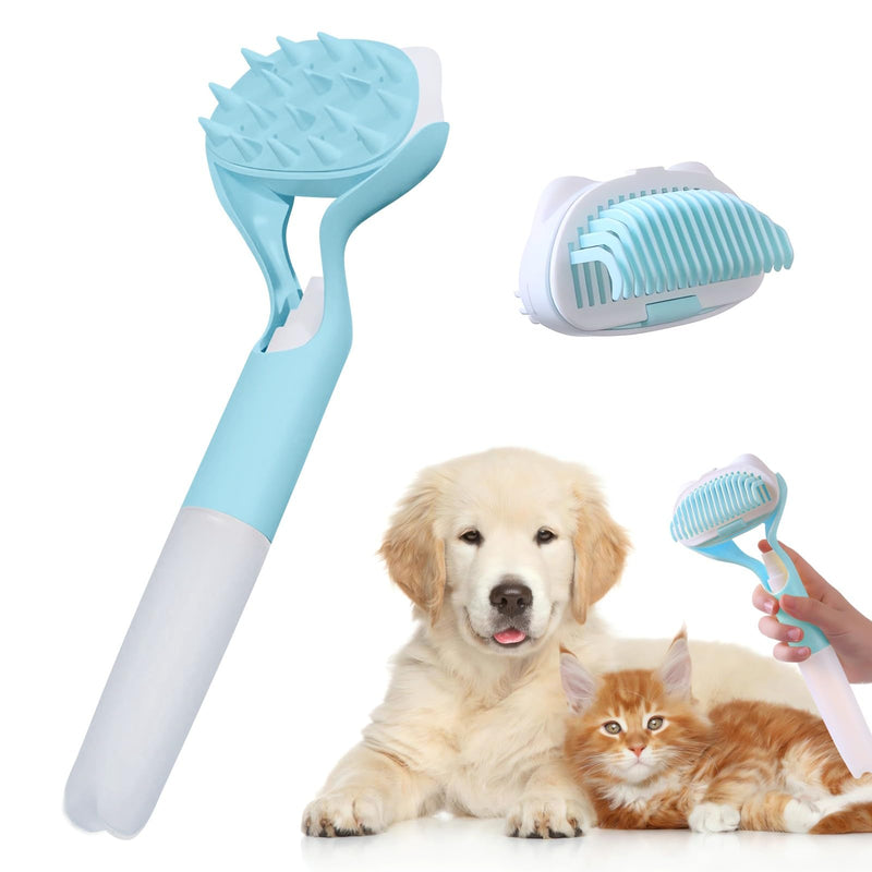 Dry Wet Dual Use Pet Grooming Brush with Spray Bottle, 3 in 1 Comb Removes Loose Hair or Dirt for Cats and Dogs, Double Brush Head Massage Cleaning Bath Tool, 1 Piece Blue