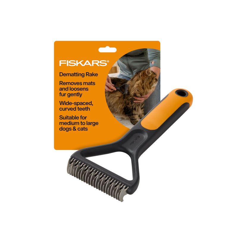 Fiskars Pet, Cat and Dog Brush, Fine Bristles & SoftGrip Handle for Gentle Grooming and Deshedding, Cat and Dog Supplies, Orange/Black Dematting Rake