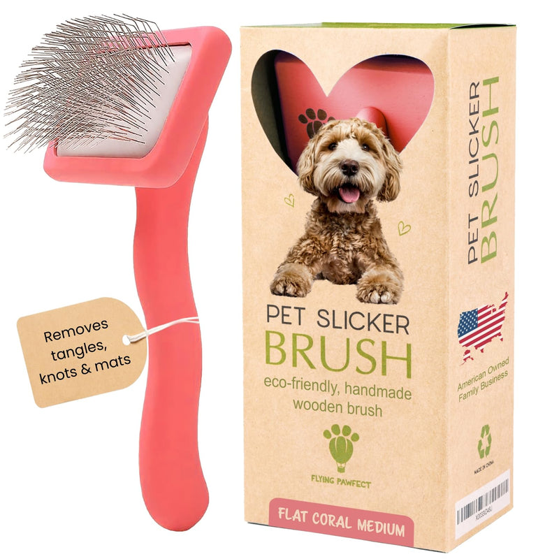 Pet Slicker Brush With Soft Massage Grooming Stainless Steel Pins - For Dematting, Shedding Fur, and Undercoat - Ideal Gift for Professional Pet Groomers - Long Slicker Brush (Coral, Flat Medium) Coral