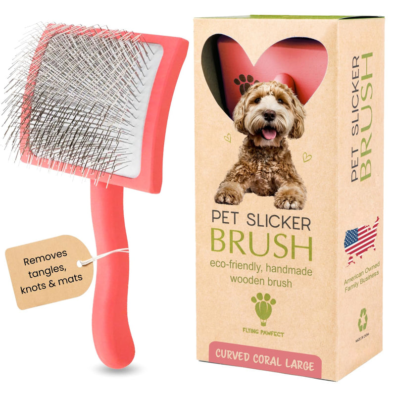 Premium Slicker Brush With Soft Massage Grooming Stainless Steel Pins - For Dematting, Shedding Fur, and Undercoat - Ideal Gift for Professional Pet Groomers - Long Slicker Brush (Coral, Curved Large) Coral
