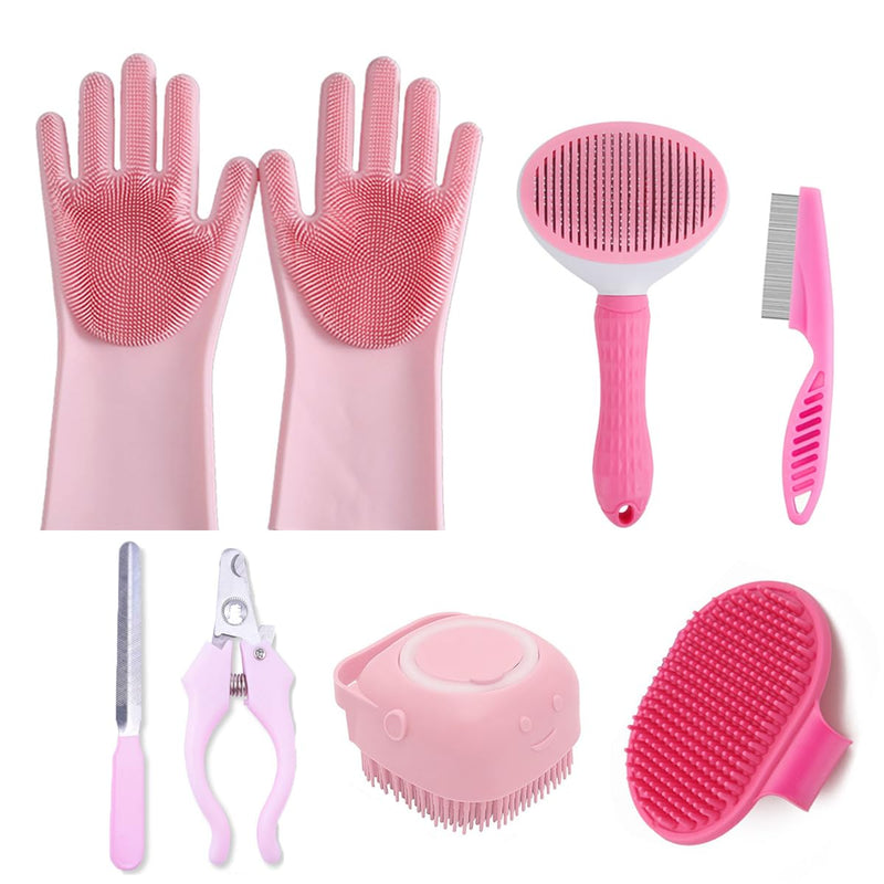 8PCS Dog Bath Supplies Set，Dog Washing Gloves，Shampoo Brush, Shedding Slicker Brush，Complete Pet Grooming Kit for Dog&Cat and Small Animal Grooming(8PCS-Bath-Pink) 8PCS-Bath-Pink - PawsPlanet Australia