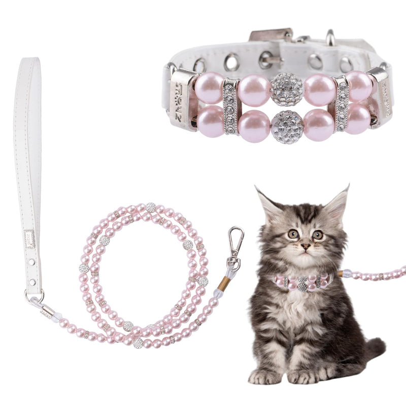 Pearl Dog Leash and Collar,Dog Cat Pearl Collar Leash Set Adjustable Dog Leather Pearls Collars with Rhinestone for Small Dogs Cats Puppy XS(Pink) - PawsPlanet Australia
