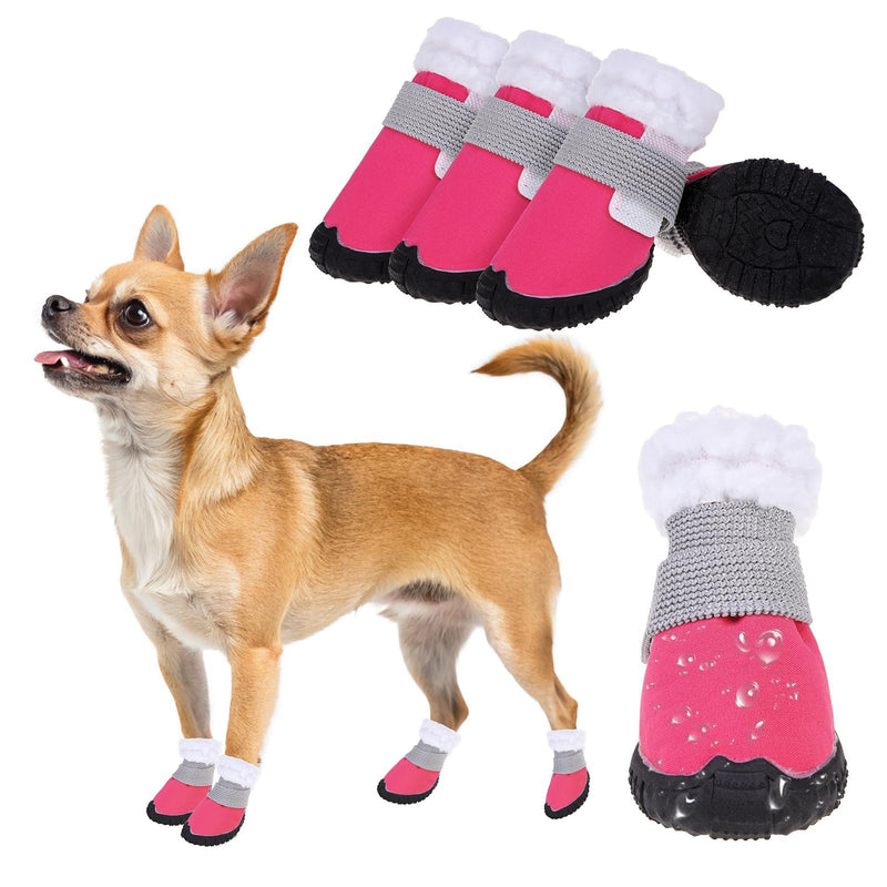 BEAUTYZOO Dog Winter Boots, Waterproof Dogs Snow Shoes with Anti-Slip Sole & Warm Fleece Lining-Indoor Outdoor Paw Protectors for Small Dogs, Puppy Booties to Prevent Licking on Hardwood Floors,Size 4 Pink #4
