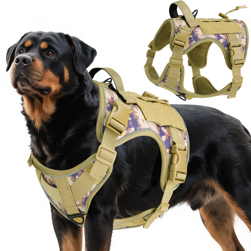 Heavy Duty Tactical Dog Harness for Large Dogs, No Pull Adjustable Pet Harness Reflective Service Training Easy Control Pet Vest Military K9 Working Dog Harnesses, Desert Camouflage, XL XL: 75-135 lbs (Chest: 26-43.3", Neck: 17.3-30.7")