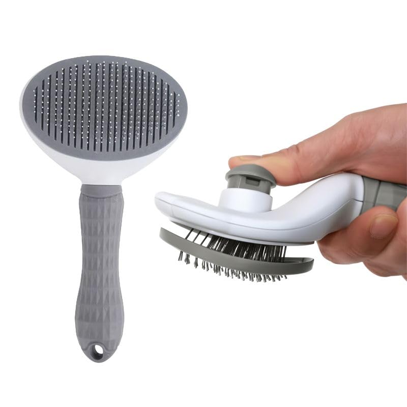 Self Cleaning Slicker Brush for Dogs Cats Bunnies - One-Click Pet Grooming Shedding Tool, Removes Loose Undercoat Tangles, Gentle Massaging Bristles for Long/Short Hair Pets Grey