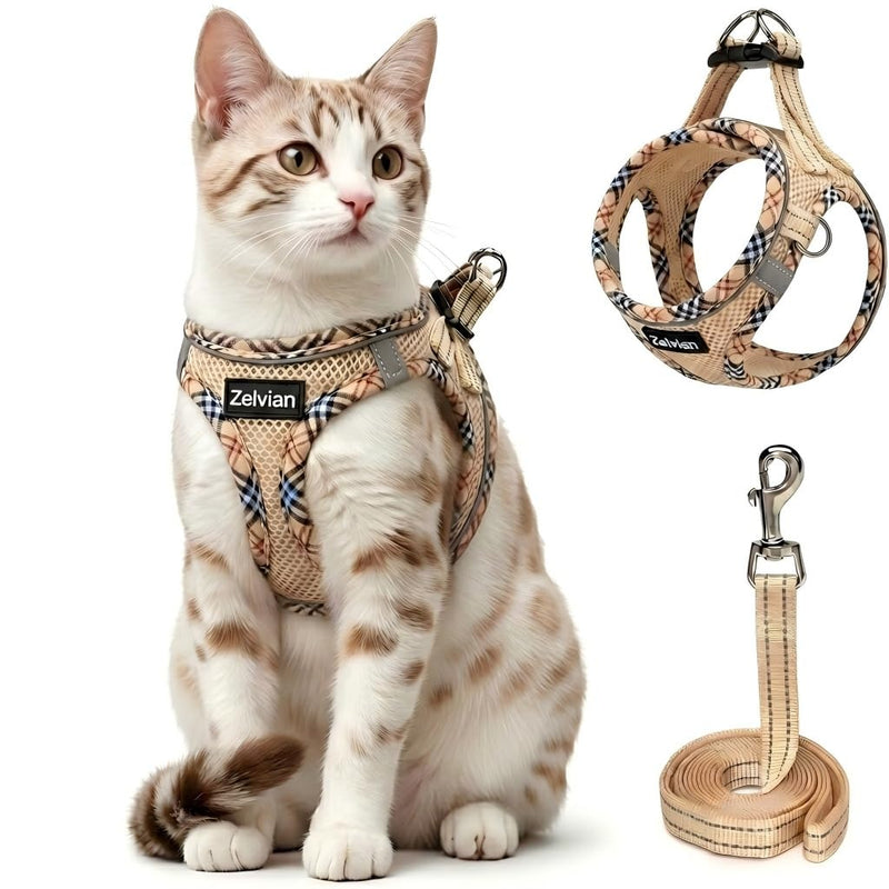 Cat Harness and Leash Set for Walking, Escape Proof Adjustable Soft Mesh Kitten Harness with Reflective Strips, Breathable No-Choke Pet Vest for Small Cats or Puppies(Beige,XS) Beige XS