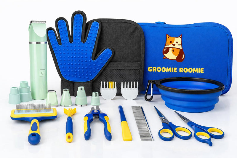 Deluxe 16-Piece Pet Grooming Kit with Carry Bag -Kit for Dogs & Cats – Quiet Clippers, Nail Grinder & Brushes