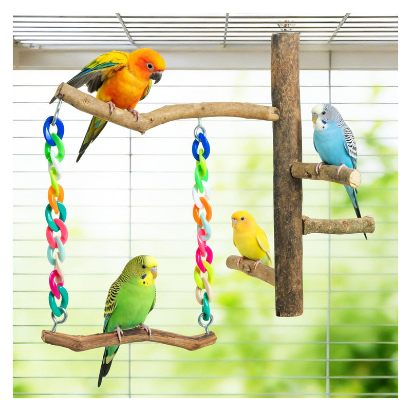 Bird Toys, Bird Swing Toys with Perch Stand, Cage Accessories for Budgies, Parakeets, Cockatiels & Other Small Birds Natural Wood
