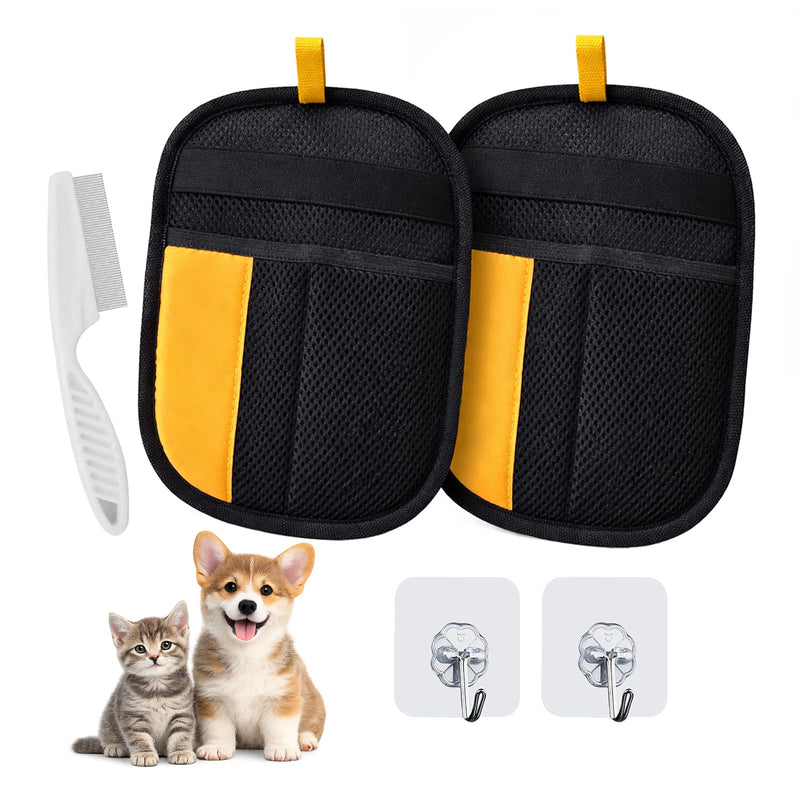 Pet Hair Removal Glove Kit – Electrostatic Pet Hair Remover Glove for Dog & Cat, Upgraded Reusable Magic Brush Pet Hair, Quick Wiping & Washable 2PCS pet Hair Remover Glove with Comb & 2 Hooks Black