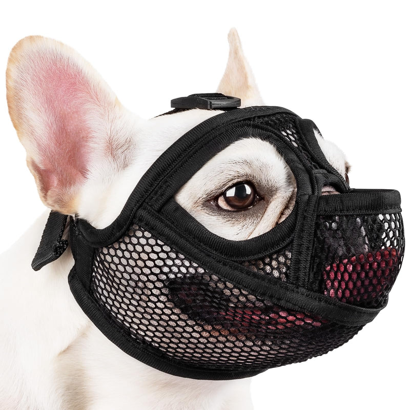 Mayerzon French Bulldog Muzzle, Mesh Short Snout Dog Muzzle for Flat-Faced Dogs Pug English Bulldog, Allows Full Panting & Drinking, Prevents Chewing Eating, Ideal for Grooming Vet Visits Walking Black S [Head Cir: 15"-17.5"] - PawsPlanet Australia