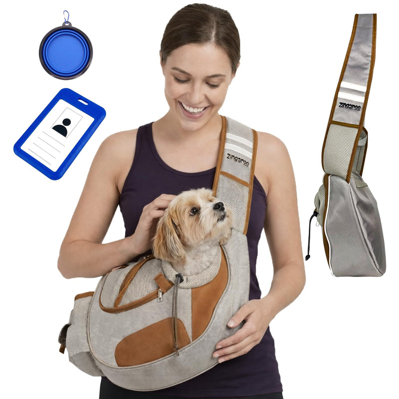 Hands-Free Sling Pet Carrier for Cats and Small Dogs up to 12lbs – Travel Set Includes Foldable Water Bowl & ID Card – Breathable Mesh, Safety Hook & Adjustable Padded Strap for Walking & Travel Beige - PawsPlanet Australia
