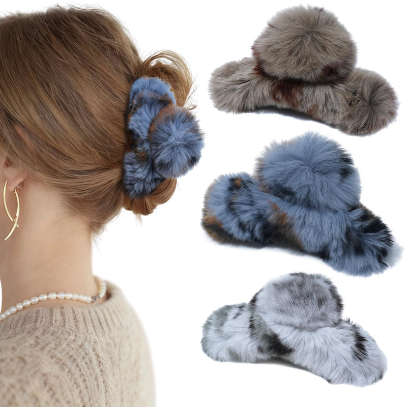 Mesovor 3 Pack Fluffy Rabbit Fur Hair Clips, Non-slip 3.94" Fuzzy Plush Cozy Claw Clips for Thick and Thin | Soft Strong Hold Jaw Banana Clips (Gray, Coffee, Blue) Gray, Coffee, Blue - PawsPlanet Australia