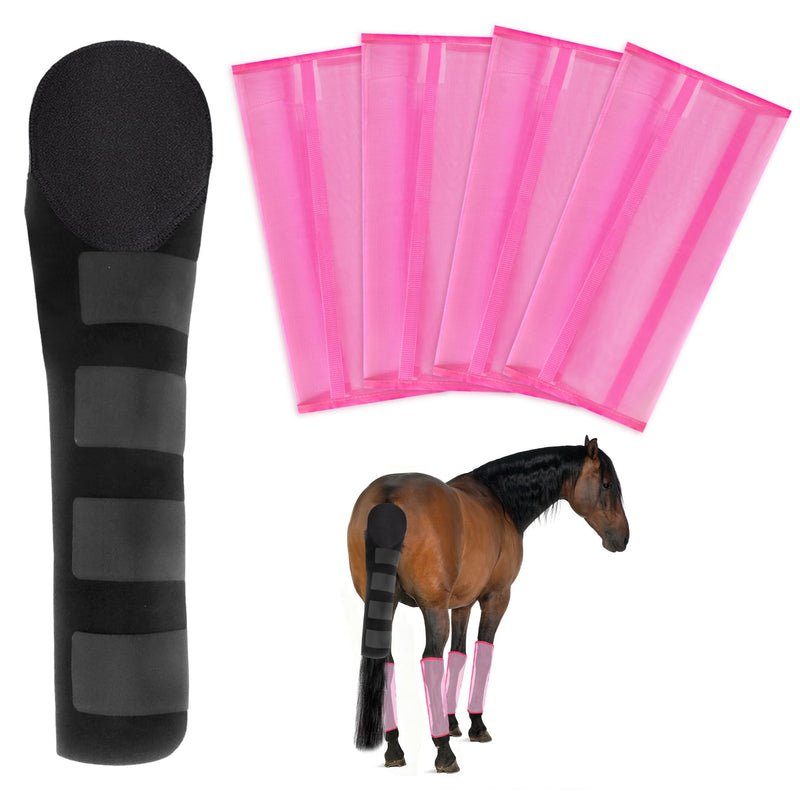 Horse Tail Wrap Protector & 4 Fly Boots Set, Breathable Mesh Leg Wraps & Adjustable Tail Guard for Fly & Mosquito Protection in Stable, Trail Black, Pink - PawsPlanet Australia