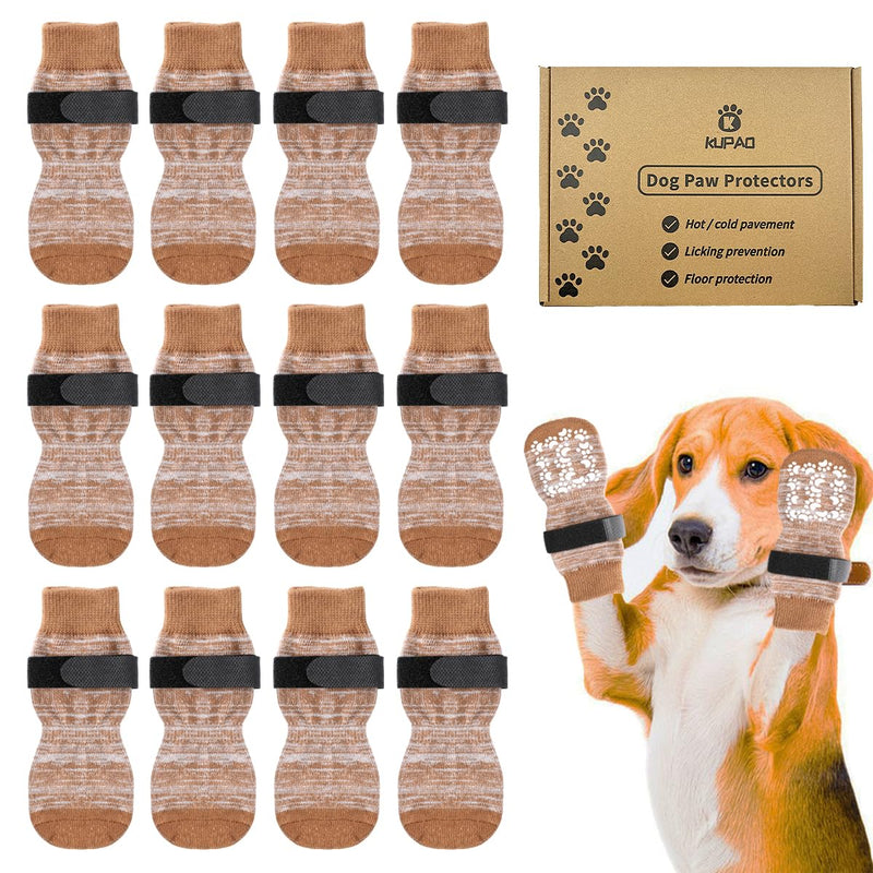 Dog Socks 12 Pack to Prevent Licking Paws, Anti Slip Dog Booties and Paw Protectors for Hardwood Floors Hot Pavement, Suitable for Small Medium Large Senior Dogs - Size Medium,Brown