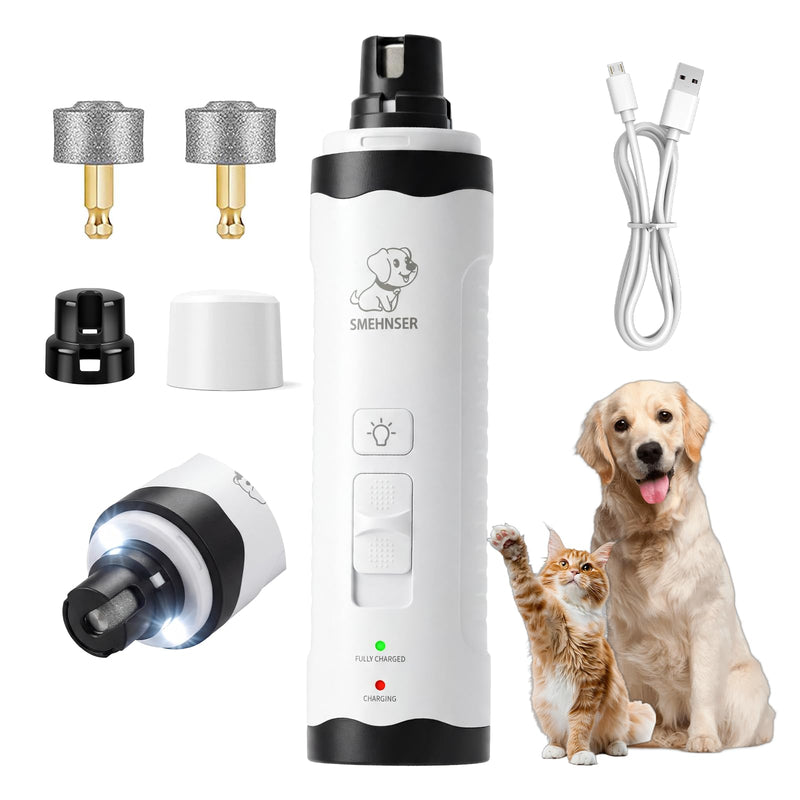 LED Pet Nail Grinder for Dogs and Cats, Rechargeable Electric Trimmer with 2 Grinding Wheels, Low Noise, White - PawsPlanet Australia