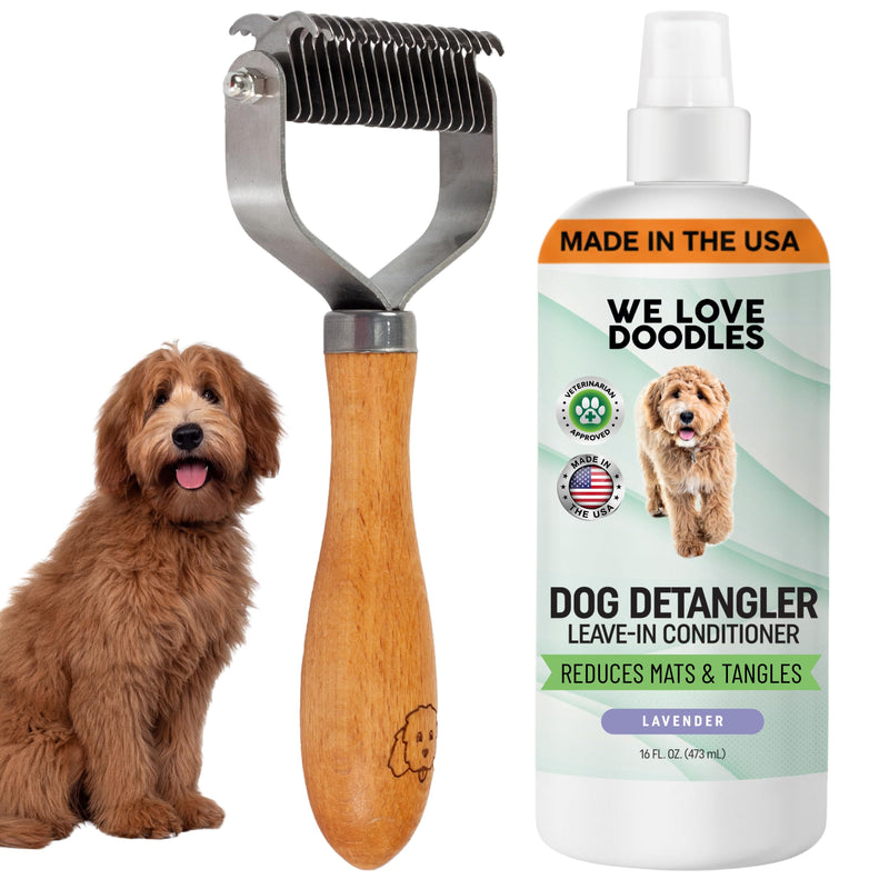 Dog Detangler Spray & Dematting Comb Set for Dogs – Stainless Steel Undercoat Rake + Leave-In Conditioner – Removes Tangles, Mats & Shedding – Lavender Scent – Made in USA [We Love Doodles]