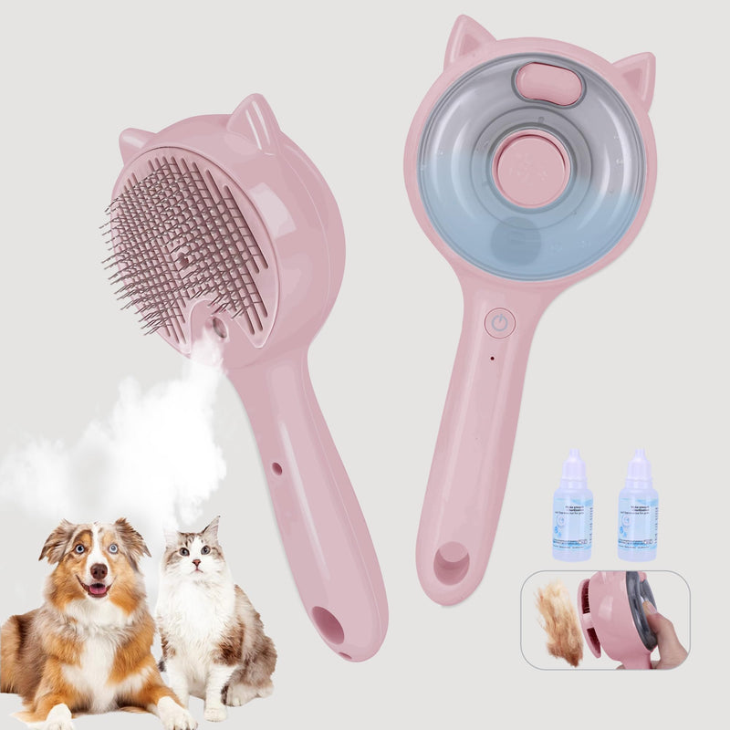 Pet Steam Brush for Cats & Dogs ，3-in-1 Pet Grooming Comb，Reduces Shedding, Soft Bristles, Promotes Healthy Coat-Comes - Includes Waterless Shampoo，Pink Pink - PawsPlanet Australia