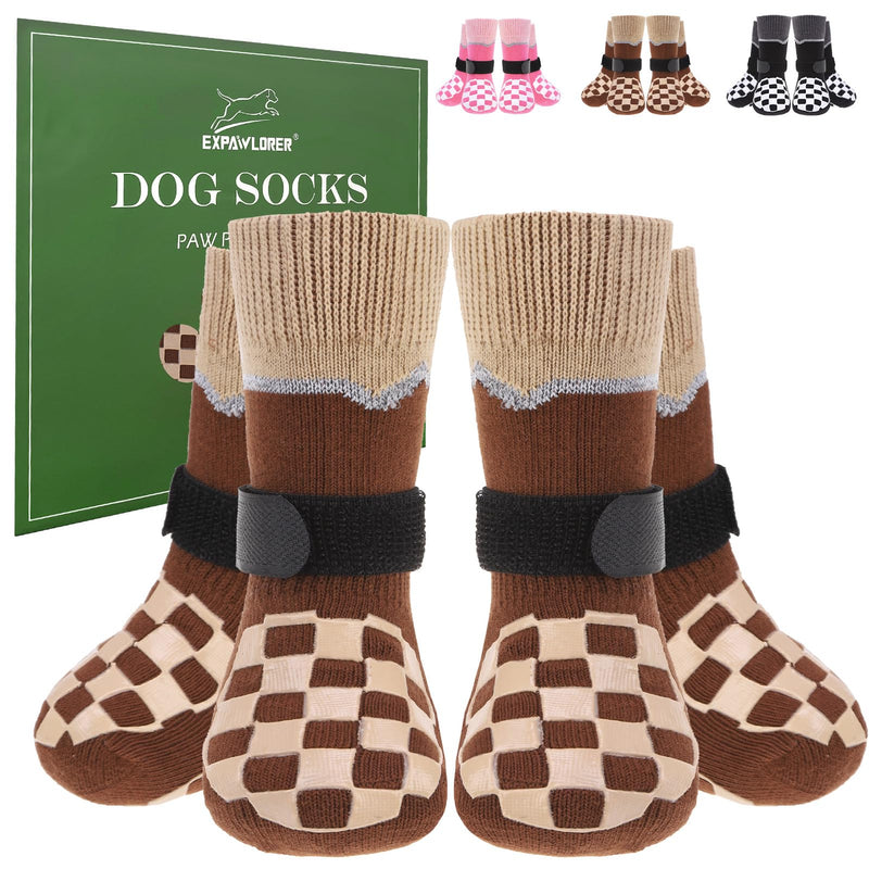 EXPAWLORER Dog Socks to Prevent Licking Paws with Grippers for Hardwood Floors Anti Slip, Reflective Dog Cold Winter Shoes Booties Boots & Paw Protectors with for Small Medium Large Senior Dogs L Brown