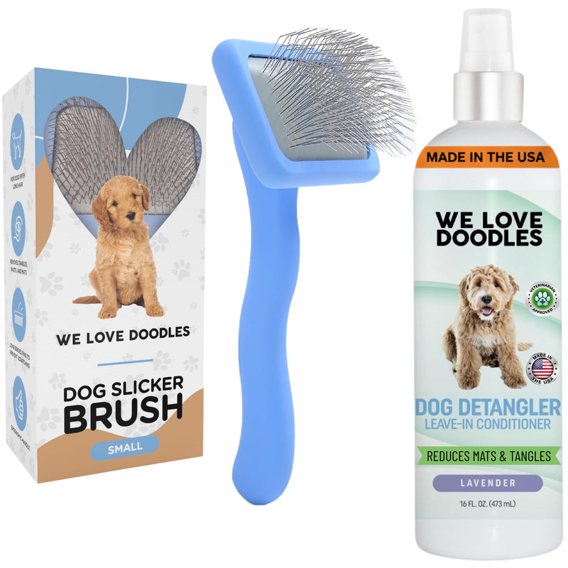 We Love Doodles Small Slicker Brush & Lavender Detangler Spray Pack - Dog Leave-in Conditioner for Reducing Mats, Knots & Tangles, Dematting & Conditioning Grooming Kit, 16 oz