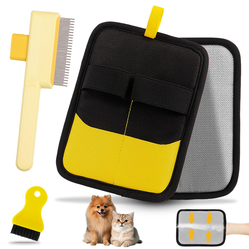 Electrostatic Pet Hair Removal Glove - Reusable Pet Hair Removal Glove with Cleaning Brush & Flea Comb for Cats & Dogs, Washable for Clothing, Couch, Carpet, Car Seat (Black/Yellow) - PawsPlanet Australia