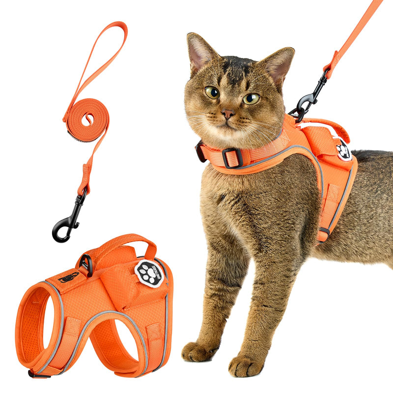 OneTigris Cat Harness and Leash - Escape Proof Soft Adjustable Kitten Harness, Breathable, Comfortable, Durable Water-Resistant Tactical Vest with Reflective Strips and Pocket for Cat Tracker Orange XXXS:(N:6.5"-12",C:12"-16",B.L:6.5",W:6.5 -13 lbs) - PawsPlanet Australia