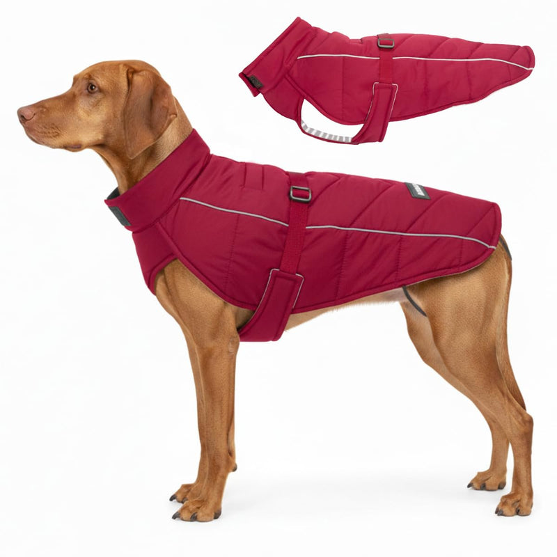 DJANGO Insulated Winter Dog Coat – Warm, Water-Repellent Puffer Jacket for Medium & Large Dogs – Adjustable, Reflective, Cozy Cold-Weather Dog Coat with Harness Hole for Snow – Firelight Red, Large