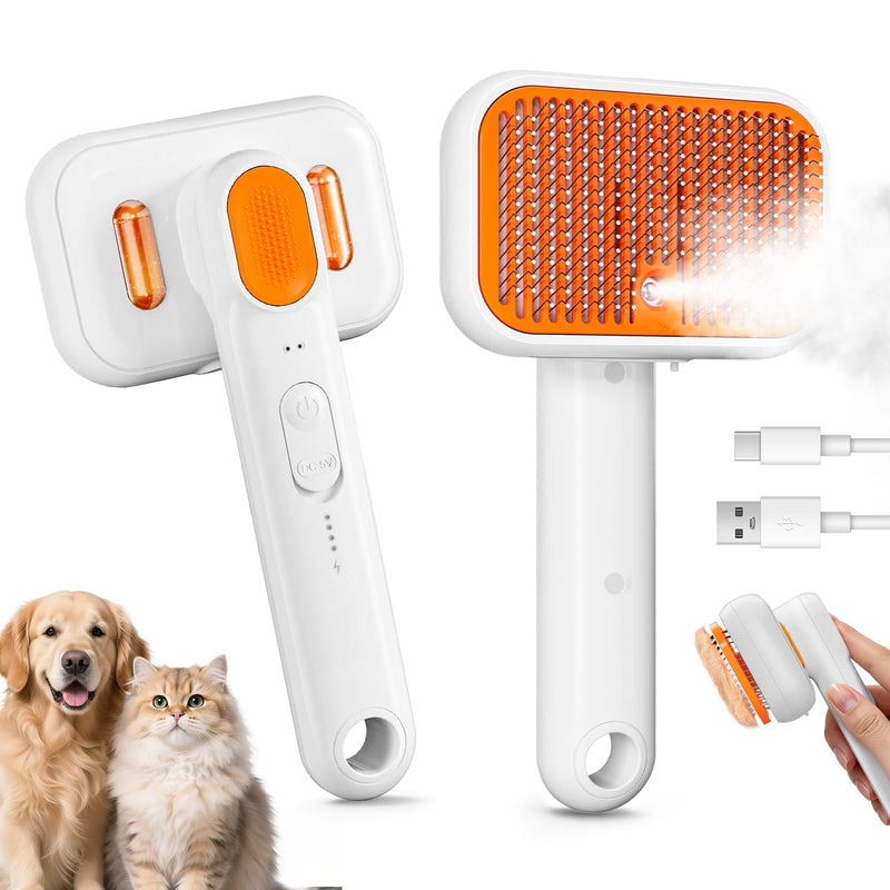 3-in-1 Pet Steam Brush: Rechargeable Grooming Tool with Gentle Mist Spray for Shedding Control, Self-Cleaning, 2-Speed, Waterproof, Safe Rounded Tips - For Dogs, Cats, Rabbits & All Coats