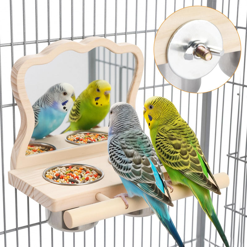 Bird Perch Platform Toy with Mirror, Standing Rack & Stainless Steel Bowl - Wooden Play & Exercise Gym Stand, Cage Accessory for Cockatoos, Lovebirds, Budgies, Pacific Parrotlets & Canaries 1
