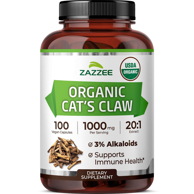 Zazzee USDA Organic Cat’s Claw 20:1 Extract, 1000 mg per Serving, 3% Alkaloids, 100 Vegan Capsules, Uncaria Tomentosa, Immune, Joint & Antioxidant Support, All-Natural, Non-GMO, Made in the USA - PawsPlanet Australia
