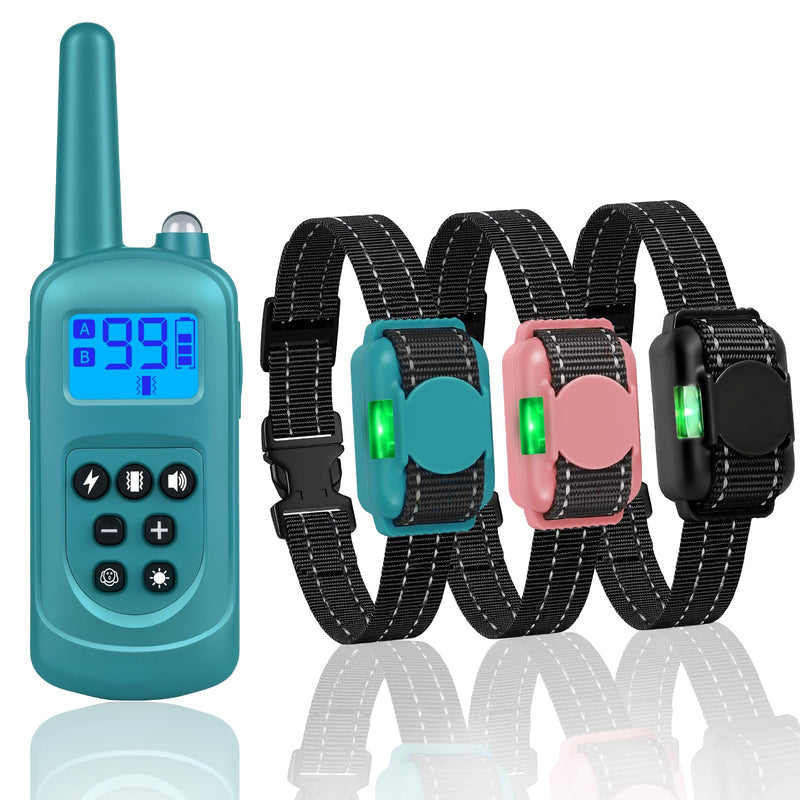 Smallest Dog Training Collar for 3 Dogs，Dog Shock Collar with Remote Control(5–120Lbs), 2000ft Range，4 Training Modes，Waterproof Rechargeable Electric Dog Collar for Small Medium Large Dogs，Cyan Cyan and Pink - PawsPlanet Australia
