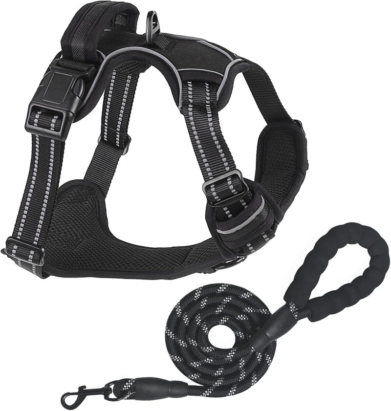 No Pull Dog Harness for Medium Dog with Dog Leash Adjustable Reflective Pet Vest with Front Clip Padded Harness and Lead Set Black M Black Harness+Leash - PawsPlanet Australia