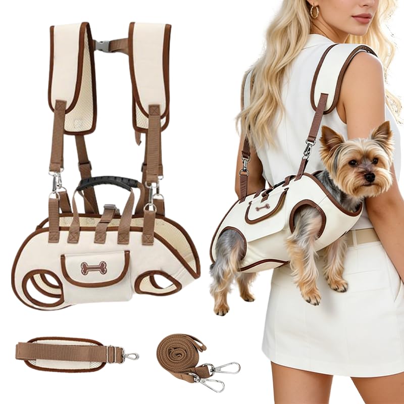 Dog Backpack Carrier for Small Dogs,Dog Lift Harness Adjustable Padded Breathable with Small Pet Treat Bag Straps for Disabled, Joint Injuries, Cars,Outdoor Hiking Pet（L 13-19lb） Coffee brown Large(13-19lb) - PawsPlanet Australia