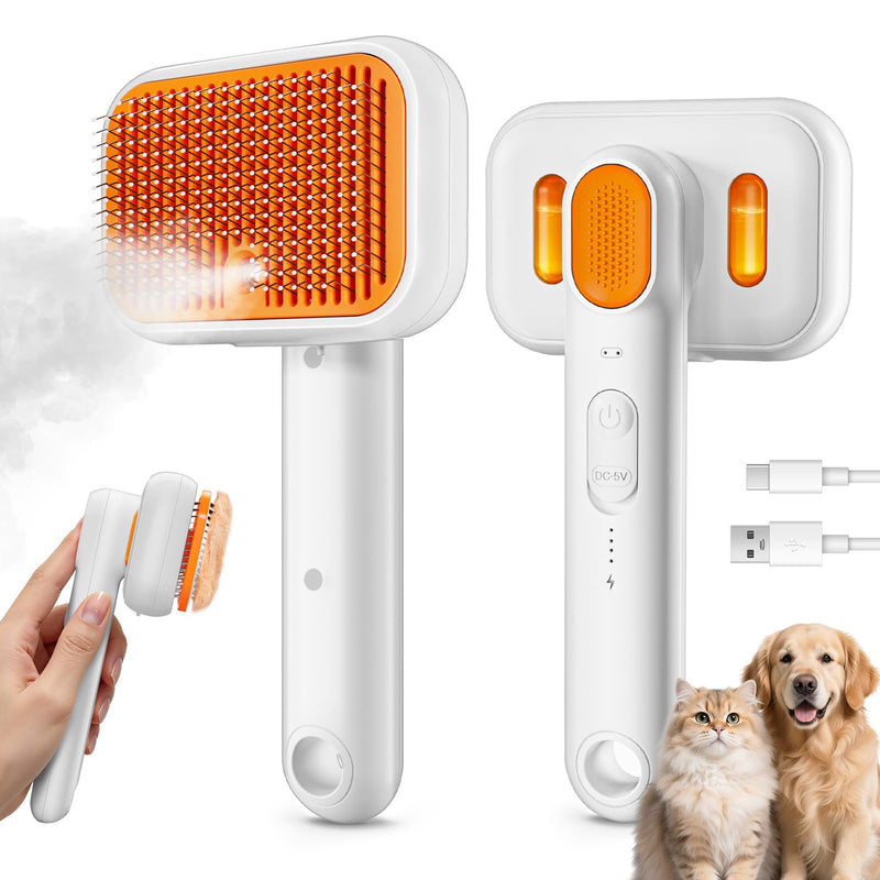3-in-1 Pet Grooming Brush with Cool Mist & Self-Cleaning - Rechargeable Deshedding Tool for Dogs Cats, Extra Wide Comb, Water Window, Safe for All Coats