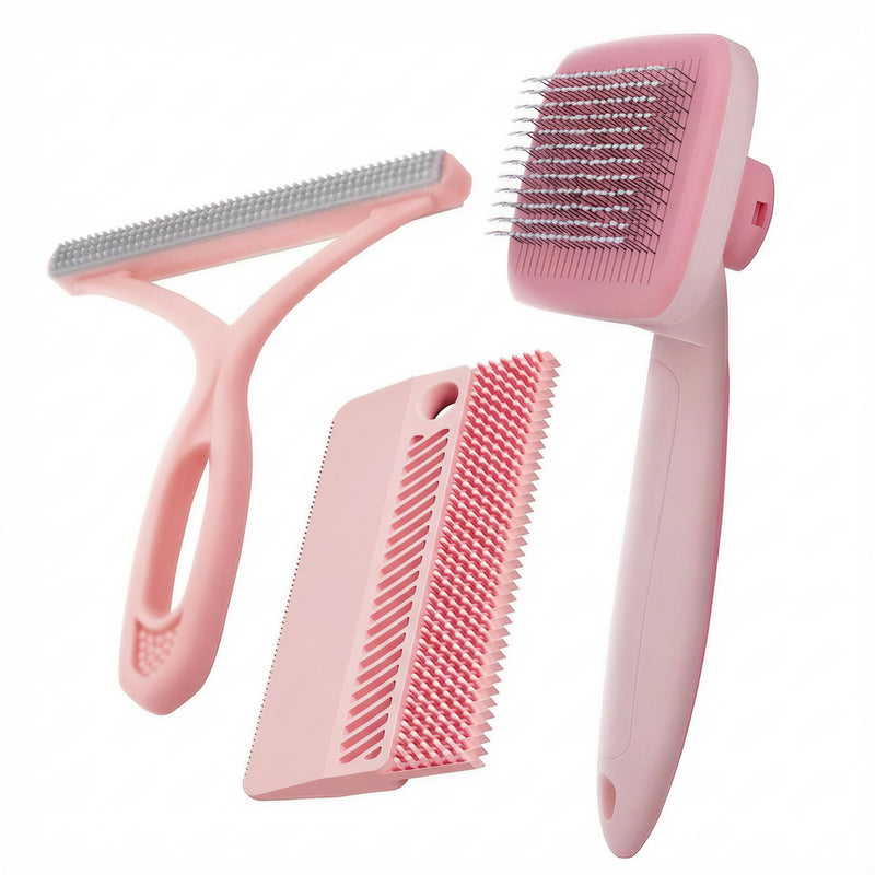 Self-Cleaning Cat Shedding Grooming Brush for Small Dog Pet Short Hair Remover Set Reusable Lint Removal Tool Carpet Scraper for Clothes Couch Bedding Furniture Car Pink - PawsPlanet Australia