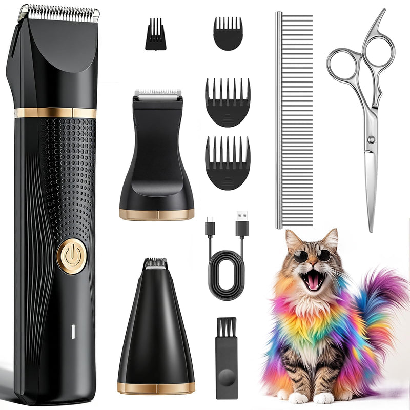 Cat Grooming Clippers Kit with Paw Trimmer, 3 in 1 Electric Pet Hair Trimmer Supplies for Thick Matted Hair, Heavy Coat Butt Shaver Cat Razor Fur Trimmer for Dogs at Home (Black) Black