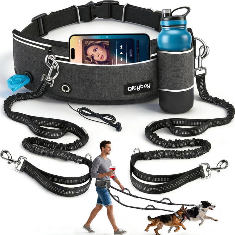 Hands Free Double Dog Leash for Two Dogs,Upgrade 200LB Heavy Duty Retractable with Slim Partitioned Waist Pouch,Adjustable Waist for Medium Large Dog Park Walking Jogging Hiking Biking Training 2 Leashes