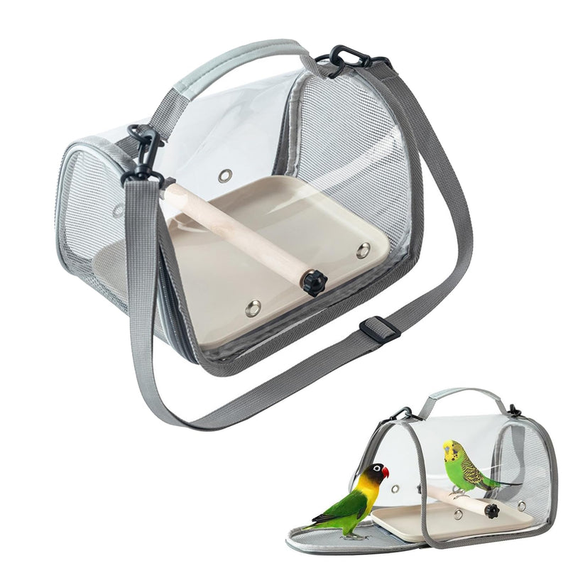 Portable Bird Travel Carrier with Breathable Mesh Windows Hands Free Parrot Backpack for Vet Visit Shopping Hiking, Clear View Small Pet Cage with Easy Clean Removable Tray and Perch Gray