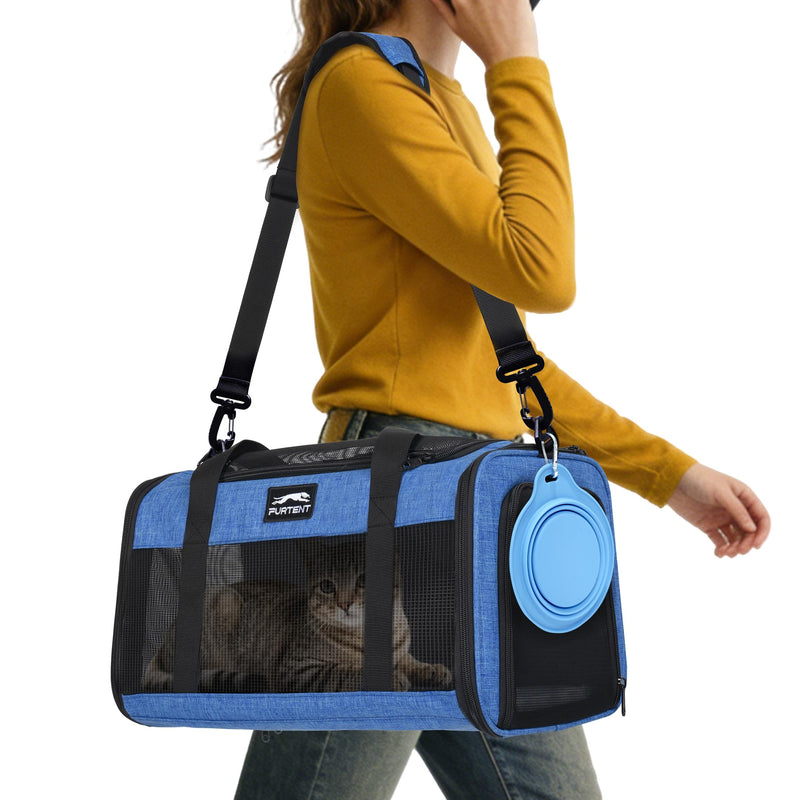 TSA Approved Pet Carrier for Kitten and Puppy, Cat Carrier Soft Fits Pets up to 13 lbs, Dogs Travel Bag with Bowl Foldable, Ideal for Travel, Car Rides, and Vet Visits (Blue, Cat Bowl Set) Blue - PawsPlanet Australia