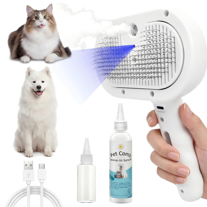 Pet Steam Brush for Dog & Cat - 4-in-1 Blue Light Steam Grooming Brush for Shedding & Hair Removal - Self Cleaning Spray Comb with Mist for Long Haired Pets - Includes 1*Waterless Shampoo, White.