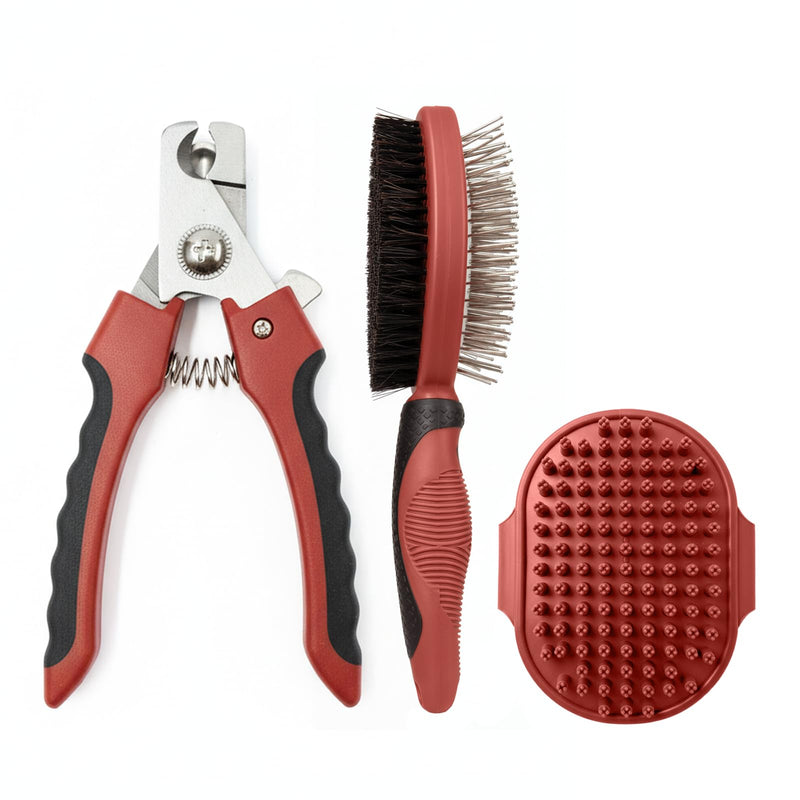 PW Pet Grooming Tools for Dogs & Cats- Safe On Skin Easy To Use Dog Grooming Kit with Ergonomic, Non-Slip Handle– Includes Pet Nail Clippers, 2-in-1 Slicker Brush & Hand-Held Bath Brush- Paw Mountain Double Sided Brush/ Bath Brush/ Nail Clipper - PawsPlanet Australia