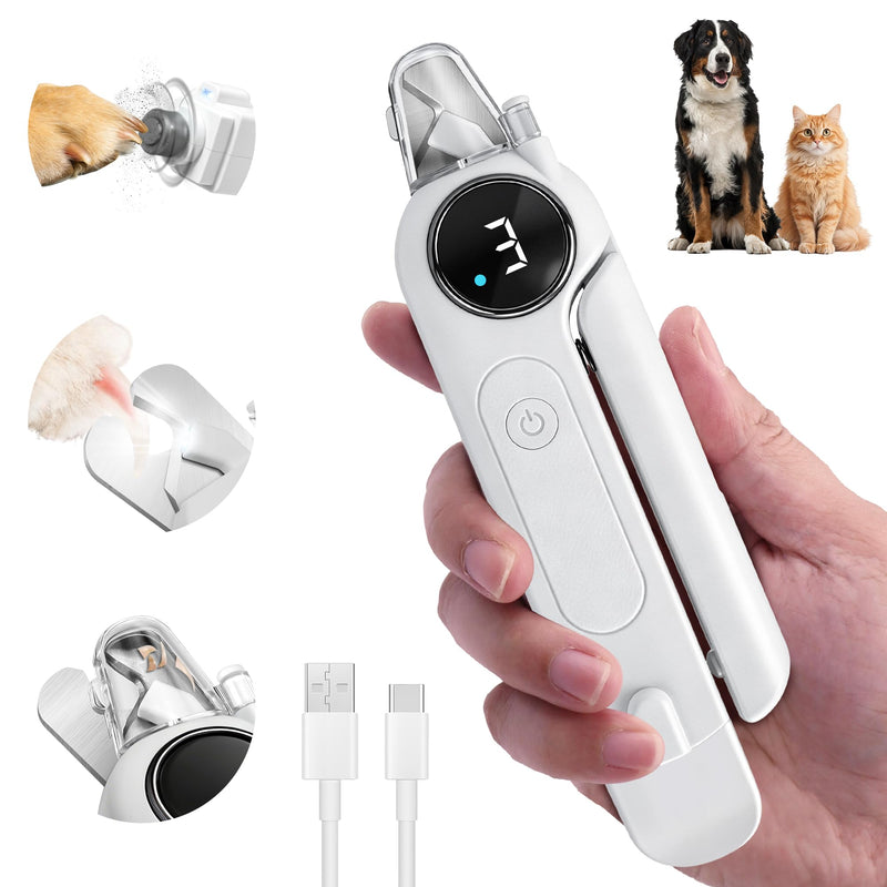 2-in-1 Dog Nail Clippers & Grinder with Light, Quiet Electric Pet Nail Trimmer for Large Medium Small Dogs & Cats, 3 Speeds, Rechargeable, Splash Guard & Safety Lock, Painless Grooming Tool (White) - PawsPlanet Australia