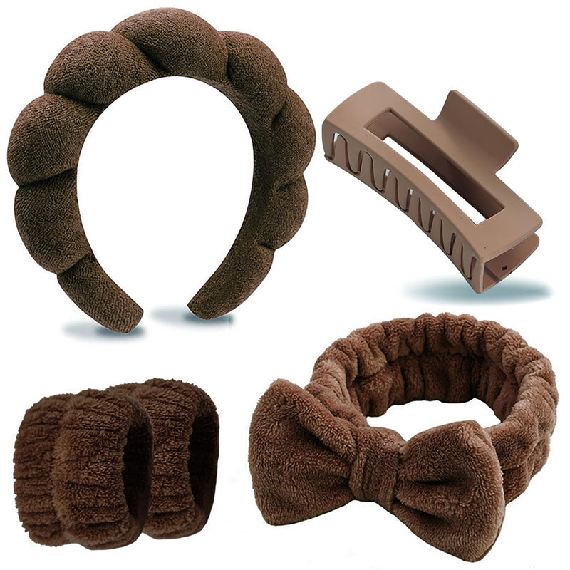 5 Pcs Spa Headbands for women and girls face washing, makeup, facial skin care, fluffy sponge SPA hairband bow hairband hairpin wristband set. (coffee) coffee - PawsPlanet Australia