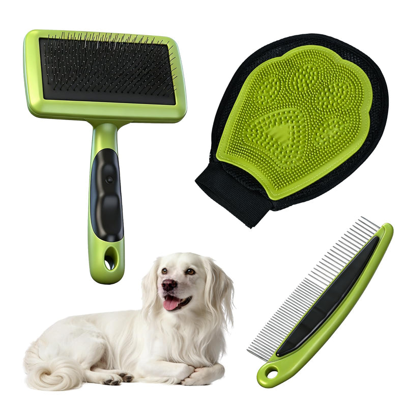 Cat & Dog Brush Set, Pet Grooming Kit with Metal Comb, Slicker Brush, Hair removal Glove for Detangling and Dematting Long, Matted Fur, Green - PawsPlanet Australia