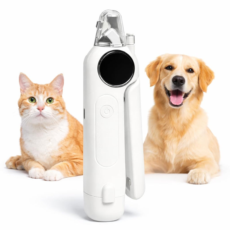 2-in-1 Dog Nail Clippers with Light & Digital Display – Upgraded Pet Nail Grinder, Safety Guard, USB Rechargeable Catcher for Cats and Dogs, Low Noise & Painless Trimming (White)
