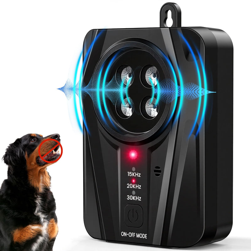 Queenmew Dog Bark Deterrent Devices, Automatic Anti Barking Device with 4 Ultrasonic Transmitters Long Range 50FT, 3 Mode Rechargble Barking Control Devices, Effective Stop Bark Box Outdoor & Indoor Dark Black - PawsPlanet Australia