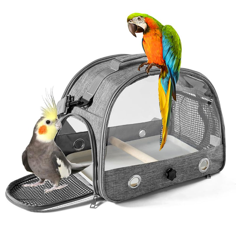Portable Bird Carrier Bag, Parrot Breathable Shoulder Bag, Travel Parakeet Travel Cage with View Window, Small Bird Rat Clear Cage with Standing Perch Tray, Pet Outdoor Vet Visit Holder Handbag gray